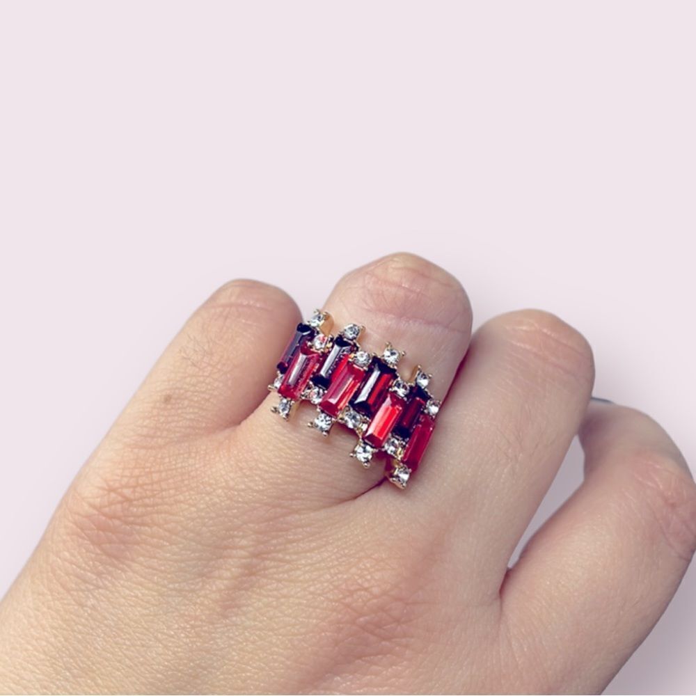 Red Baguette Crystal Rhinestone Gold Band Ring